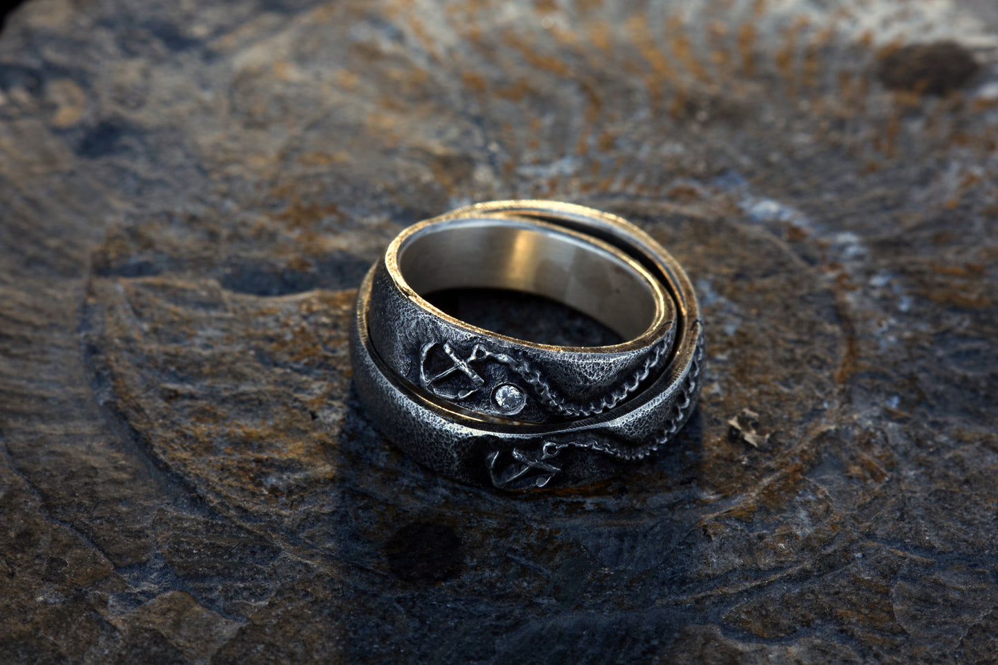 Trauringe 925 Silber Anker Graviert | Kette Diamant | Handgefertigt | Nautische Hochzeitsringe