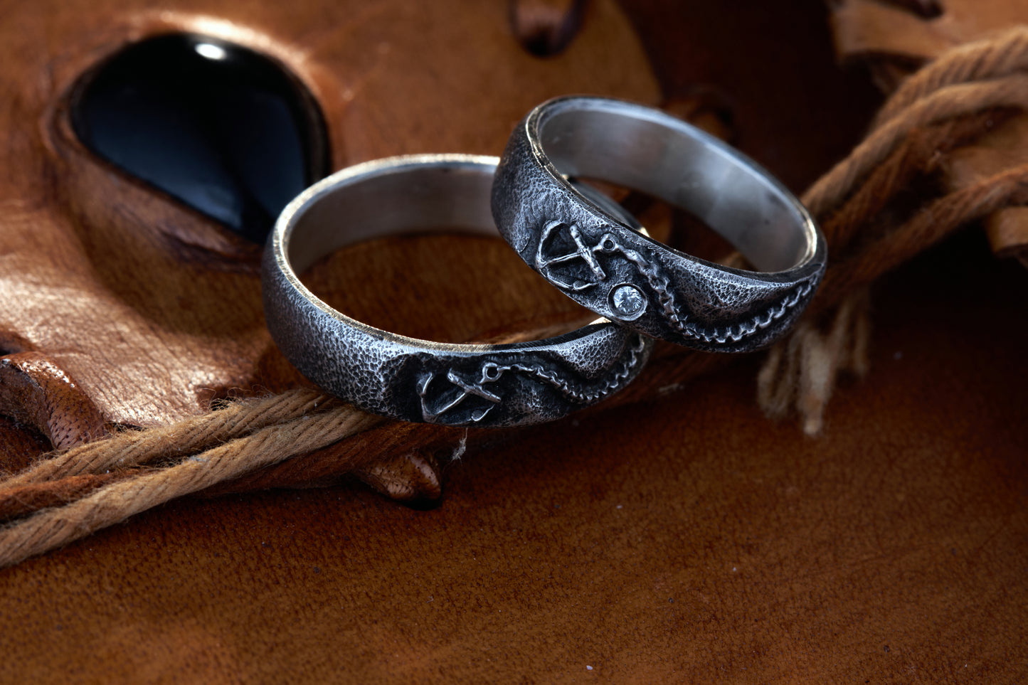 Trauringe 925 Silber Anker Graviert | Kette Diamant | Handgefertigt | Nautische Hochzeitsringe