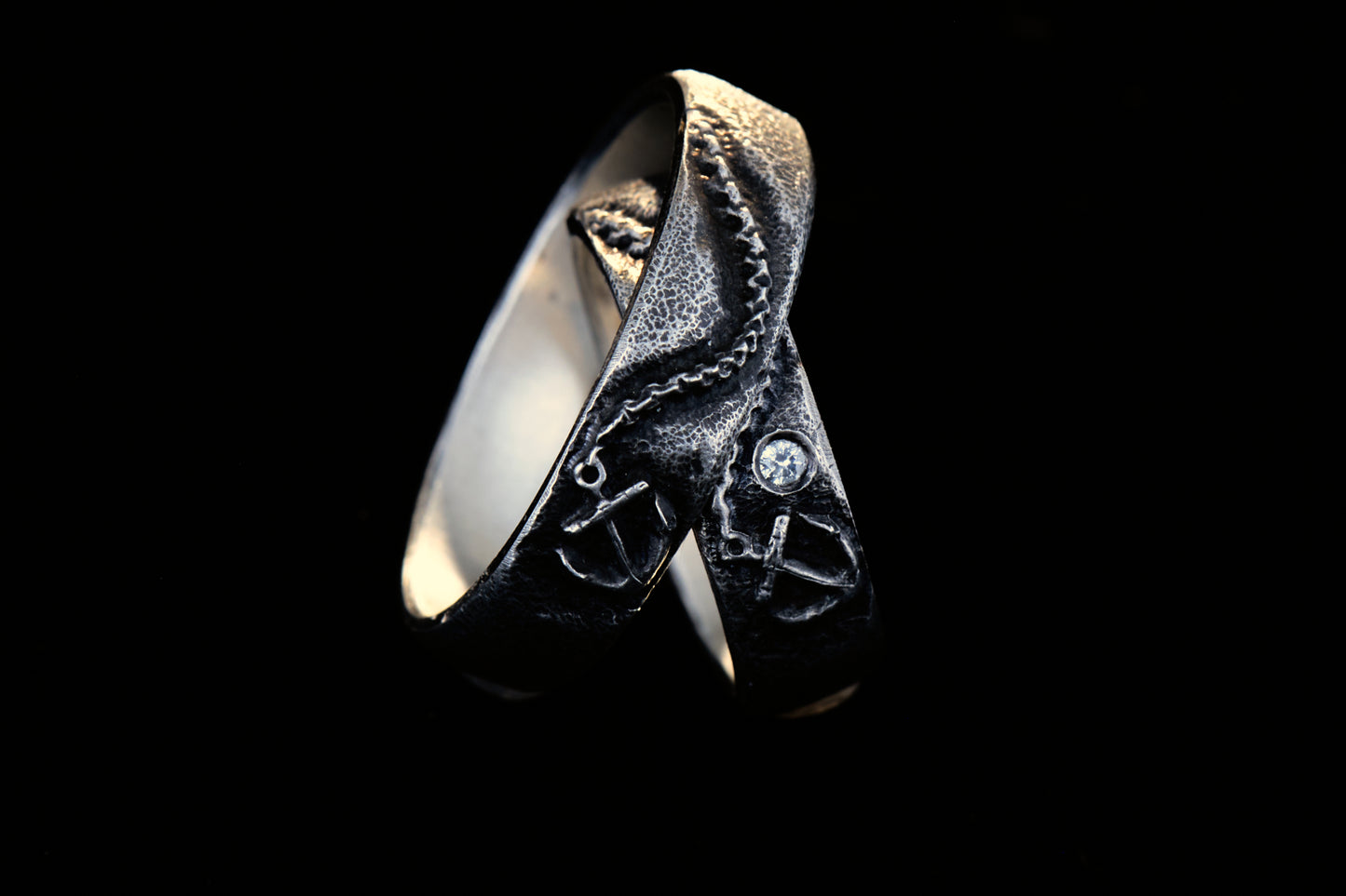Trauringe 925 Silber Anker Graviert | Kette Diamant | Handgefertigt | Nautische Hochzeitsringe