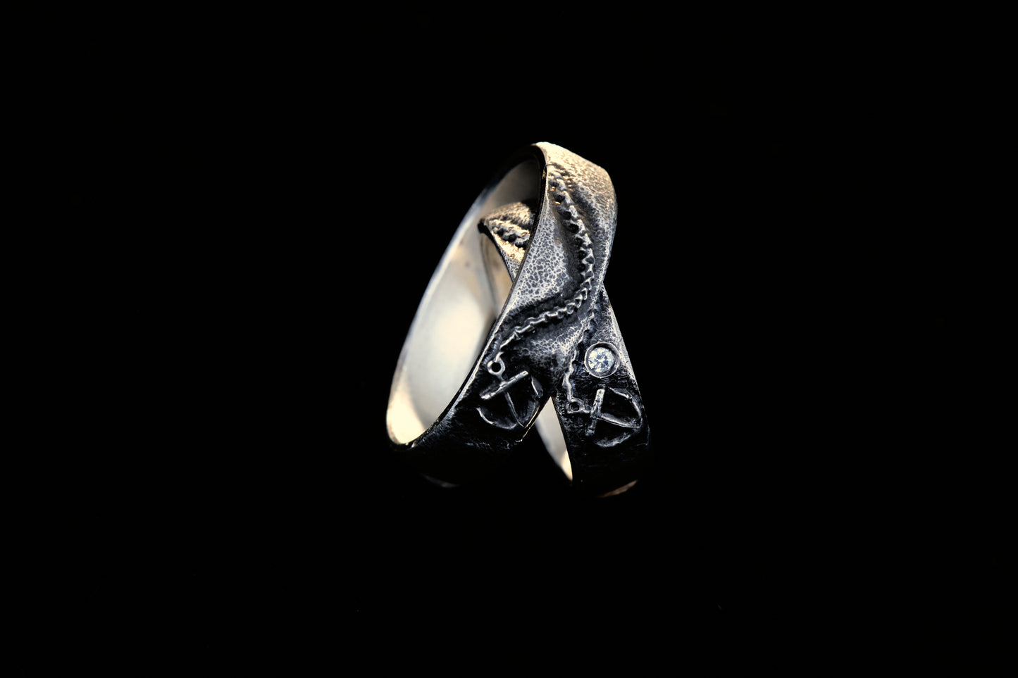 Trauringe 925 Silber Anker Graviert | Kette Diamant | Handgefertigt | Nautische Hochzeitsringe
