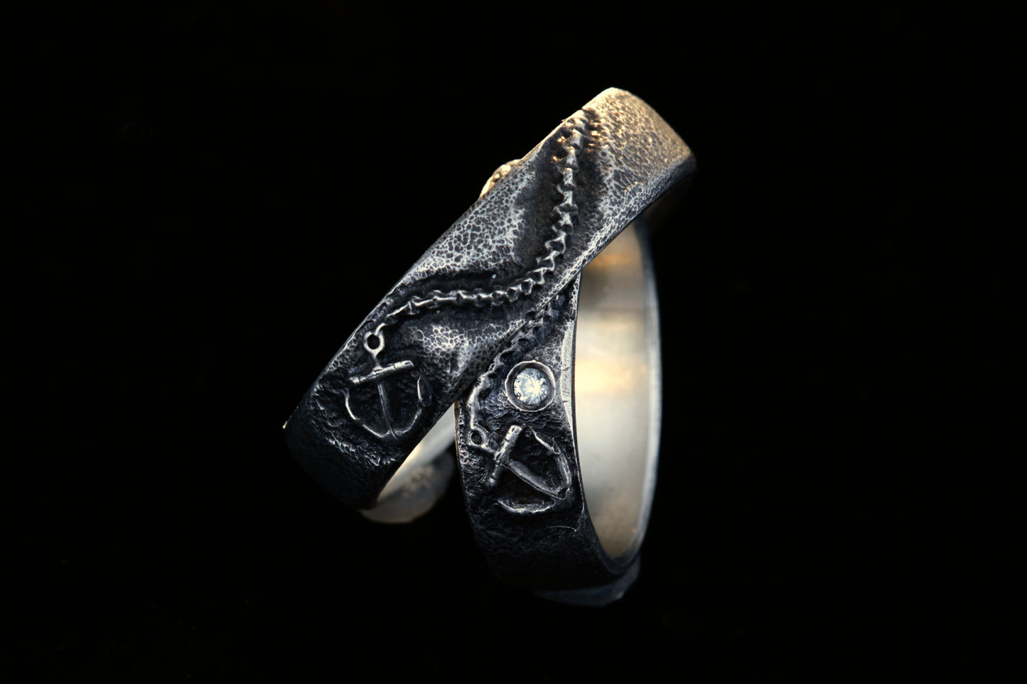 Trauringe 925 Silber Anker Graviert | Kette Diamant | Handgefertigt | Nautische Hochzeitsringe