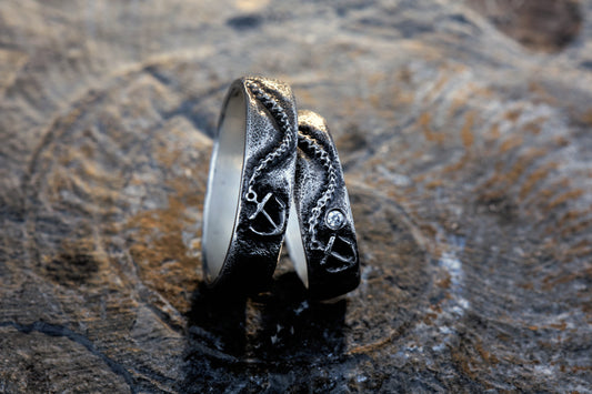 Trauringe 925 Silber Anker Graviert | Kette Diamant | Handgefertigt | Nautische Hochzeitsringe