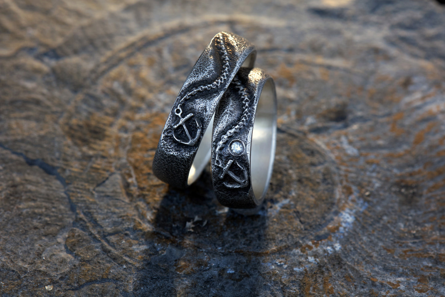 Trauringe 925 Silber Anker Graviert | Kette Diamant | Handgefertigt | Nautische Hochzeitsringe