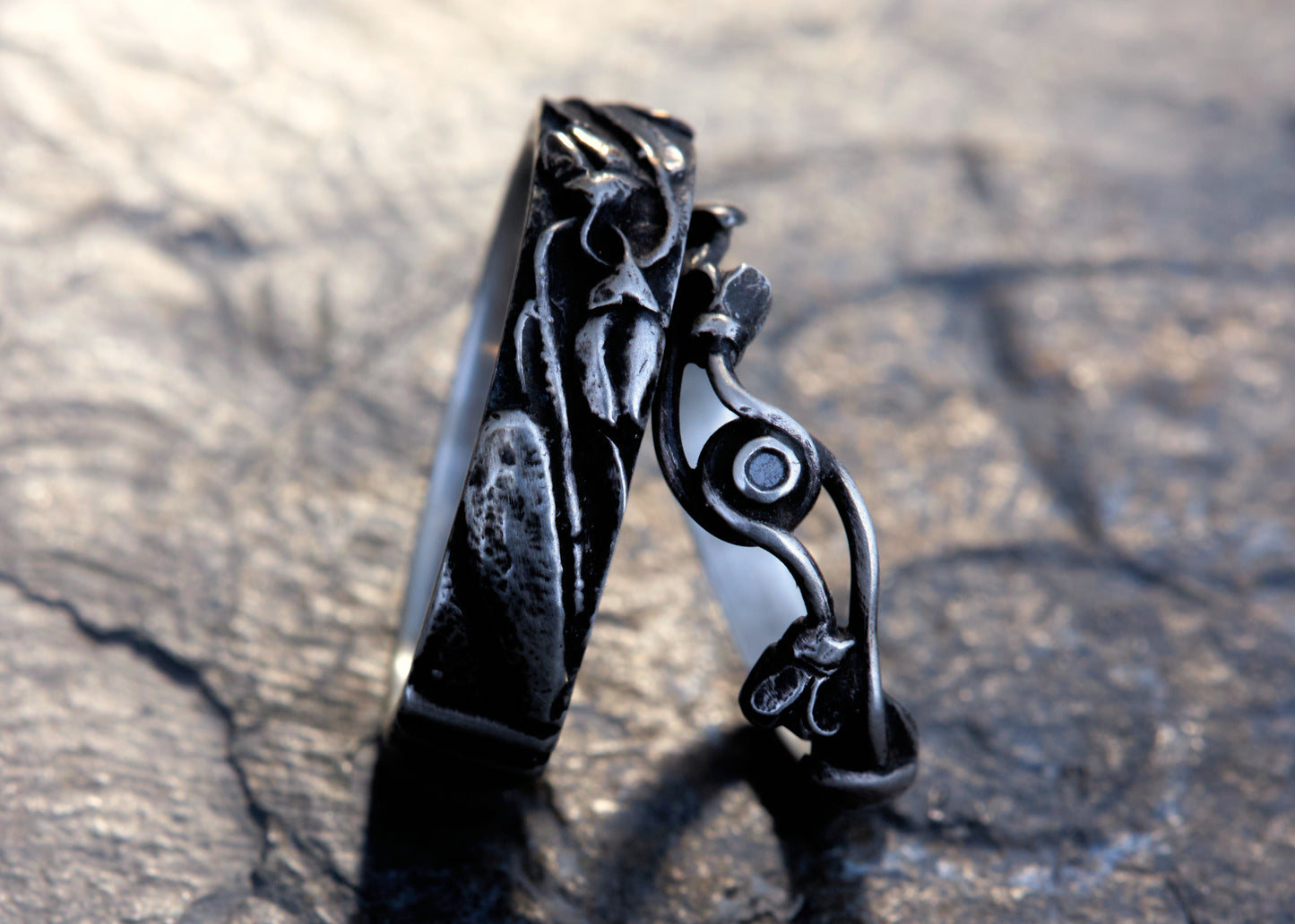 Trauringe 925 Silber Schneeglöckchen Art Deco | Schwarzer Diamant | Gothic Filigran | Handgefertigt