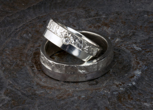 Trauringe ausgefallen, Aus Eins mach Zwei, mit Brillant, 925, Retikuliert, Struktur, Eheringe, Silber - Goldschmiede Manufaktur Silberschweif