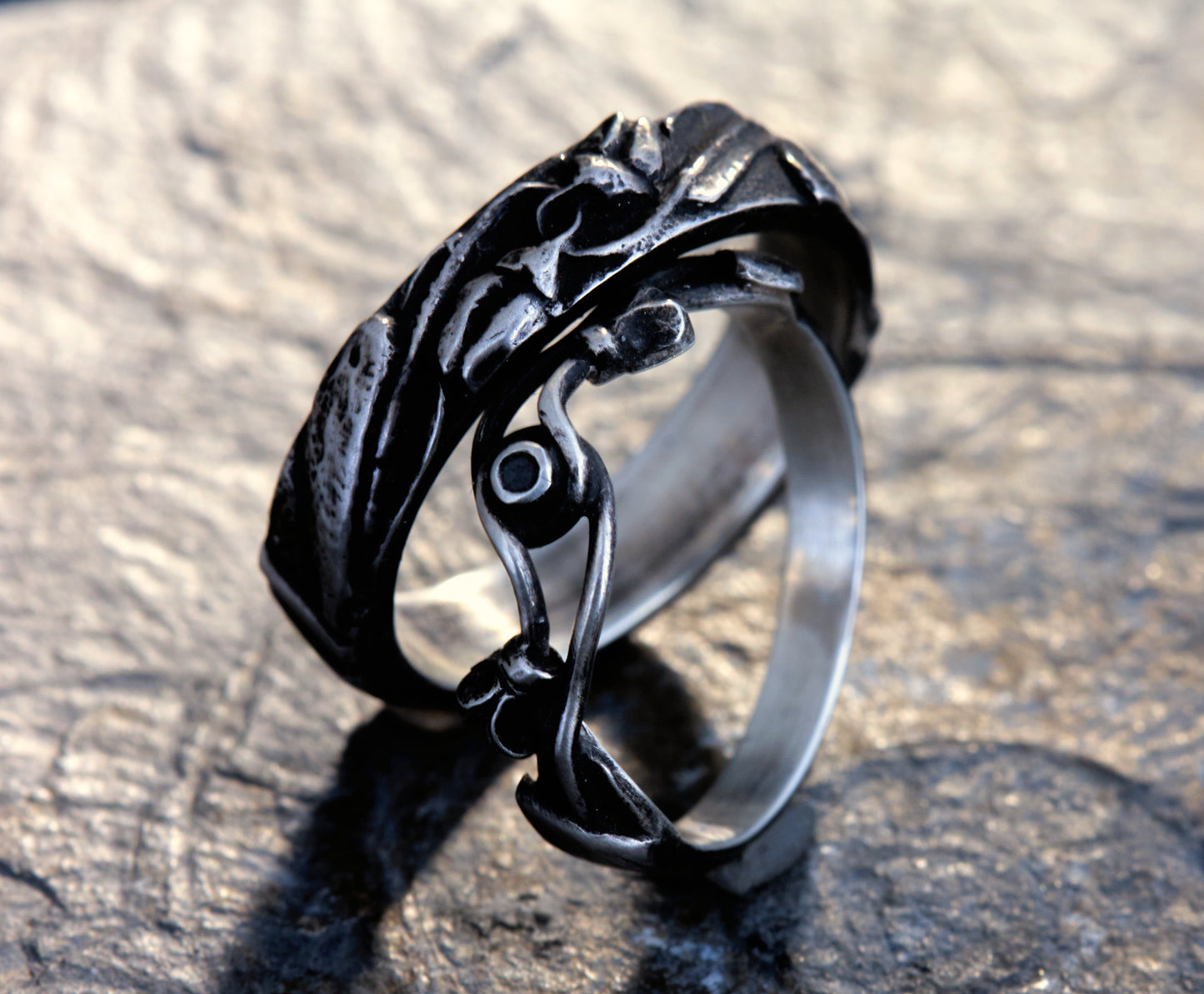 Trauringe 925 Silber Schneeglöckchen Art Deco | Schwarzer Diamant | Gothic Filigran | Handgefertigt