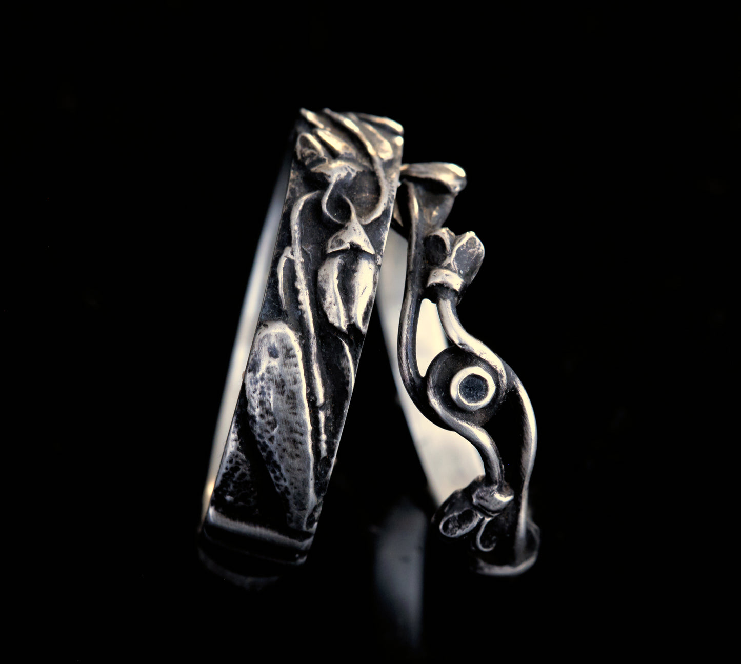 Trauringe 925 Silber Schneeglöckchen Art Deco | Schwarzer Diamant | Gothic Filigran | Handgefertigt