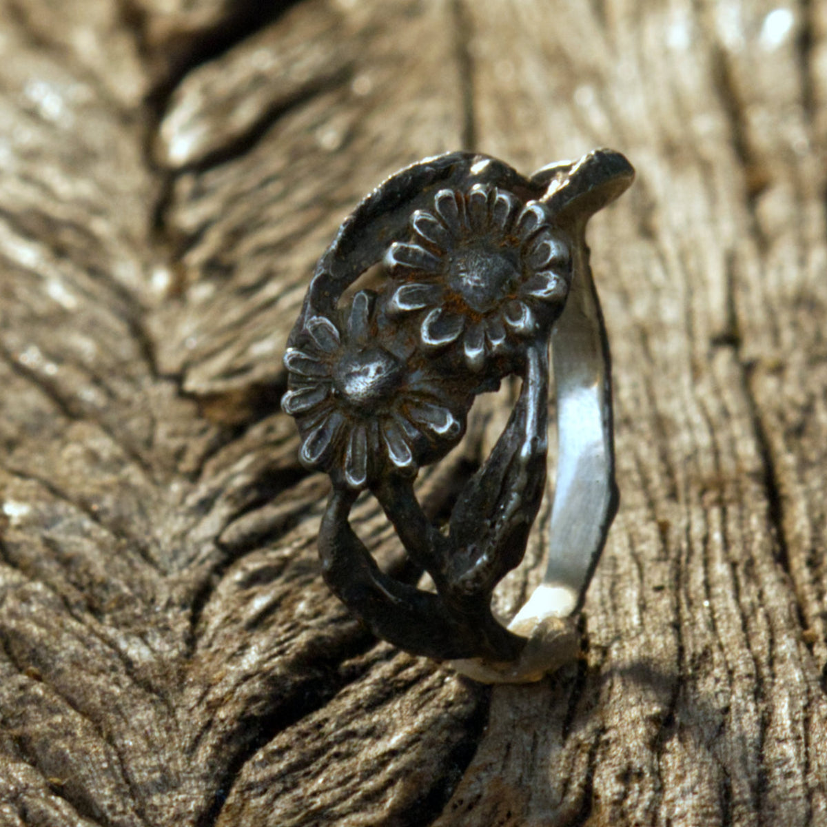 Silberring Doppel-Gänseblümchen – Handgemachter Ring mit zwei Blüten & Aststruktur