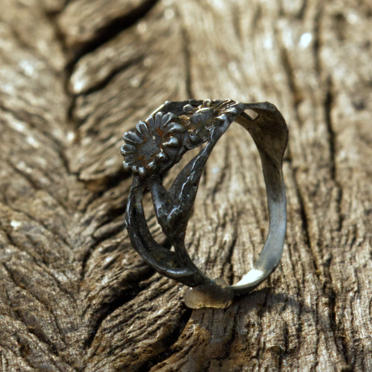 Silberring Doppel-Gänseblümchen – Handgemachter Ring mit zwei Blüten & Aststruktur