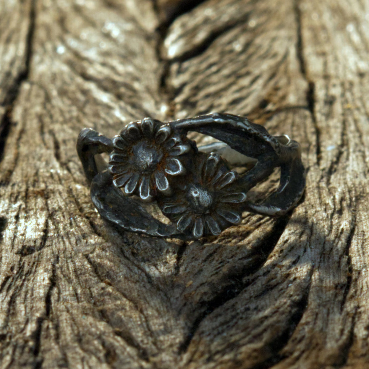 Silberring Doppel-Gänseblümchen – Handgemachter Ring mit zwei Blüten & Aststruktur