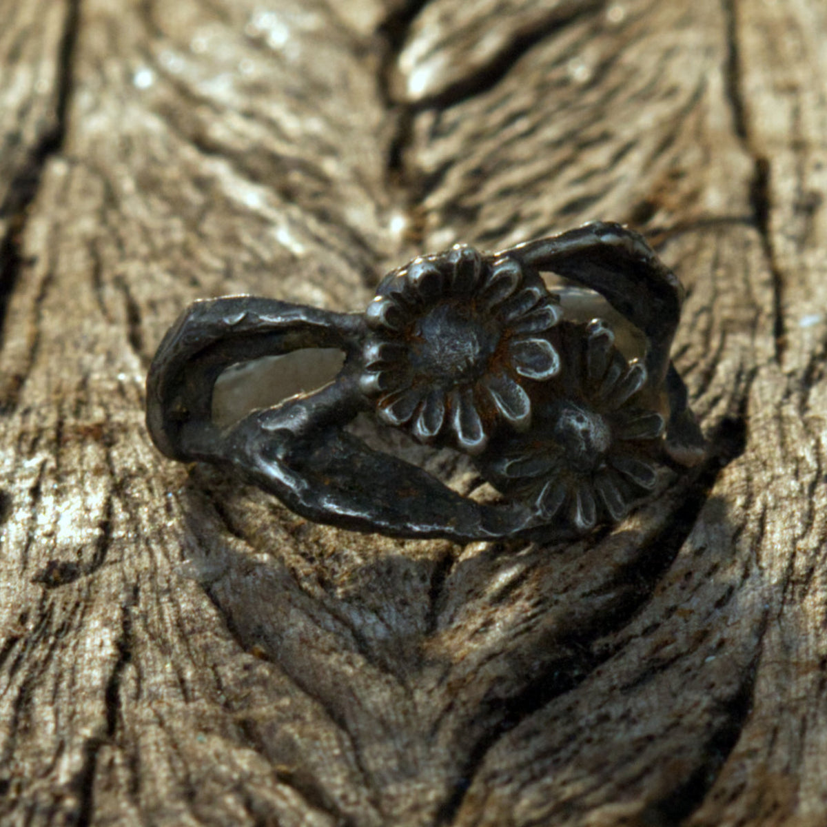 Silberring Doppel-Gänseblümchen – Handgemachter Ring mit zwei Blüten & Aststruktur
