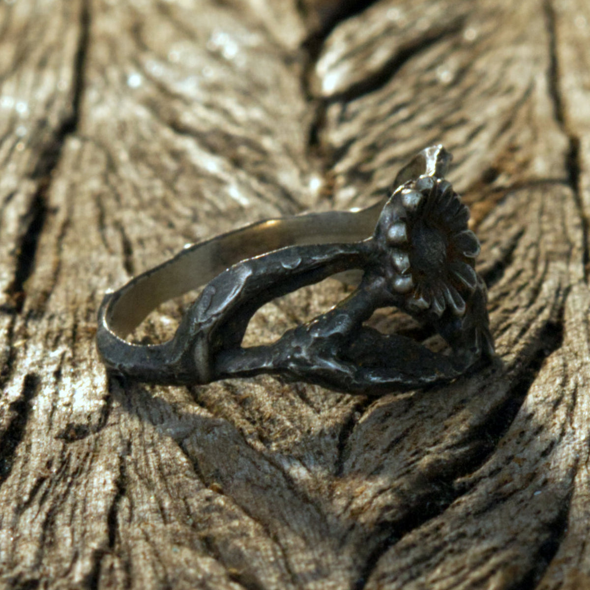Silberring Doppel-Gänseblümchen – Handgemachter Ring mit zwei Blüten & Aststruktur